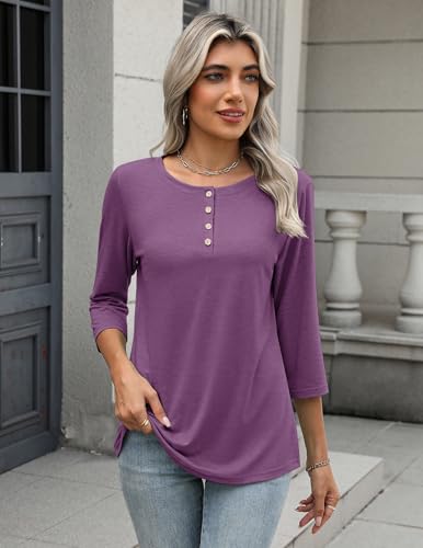 Zeagoo Womens Tops 3/4 Length Sleeve T Shirts Dressy Casual Button Down Blouses Spring Fall Clothes3