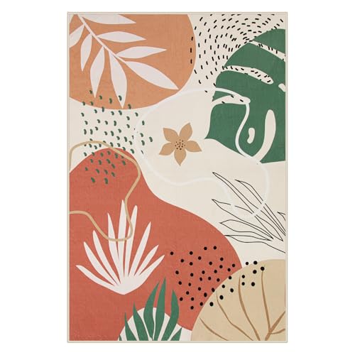 Lahome 4x6 Area Rugs, Washable Rug 4x6 for Living Room Soft Carpet for Bedroom Nursery Kids Room, Botanical Print Non-Slip Low Pile Carpet for Entryway Office Playroom Kitchen, Coral