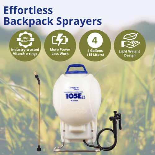 Sprayers Plus 105Ex Effortless Backpack Sprayer - 20V Lithium Long Battery Life with High Grade Seals & O-Ring, Brass Wand & Nozzle