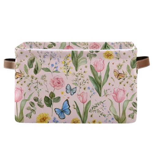 Image of Aslsiy Storage Basket Cute Bright Flowers Easter Nursery Bins Butterfly Pink Canvas Clothes Shelf Basket Laundry Hamper Gift Basket 1 Pcs
