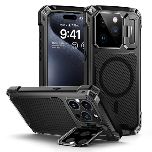 Lanhiem for iPhone 15 Pro Metal Case, [Built-in Camera Kickstand & Glass Screen Protector] Protective Heavy Duty Full Body Military Rugged Shockproof Magnetic Cover for iPhone 15 Pro 6.1" (Black)