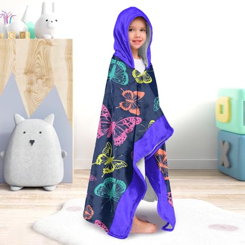 Image of Butterfly Print Girls Beach Towel with Hoodie for Kids Toddlers Age 4-8, Colorful Bath Towels Shower Wrap for Girls, Hooded Poncho Beach Blanket for Pool Swimming Cute Wearable Bath Towel for Child