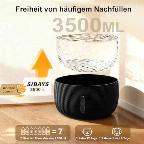 SIBAYS Trinkbrunnen für Katze - 3.5L Katzenbrunnen mit 25dB Ultraleise Pumpe & LED-Fenster - Trinkbrunnen für Hunde mit 2 Aktivkohlefilter, BPA-frei Katzentrinkbrunnen, Tiefenfilterung, FS77 (BK)