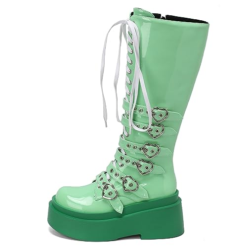 Image of Parisuit Women's Knee High Goth Platform Boots Lace Up Combat Boots | Chunky High Heel, Buckle Boots, Punk Chain Boots