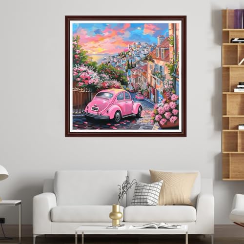 Image of Dooxvey Counted Cross Stitch Kits for Adults 11CT Printed Cross-Stitch Patterns Cross Stitching Embroidery Kit Stamped or Counted Needlepoint Kits- Pink car on the Seaside Street 18x18 inch