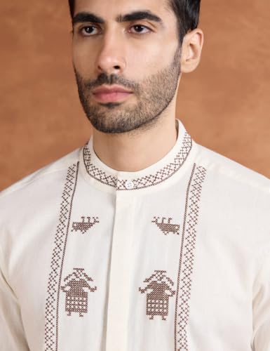 Image of Amazon Brand - Symbol Men's Cotton Blended Full Sleeve Kurta| Regular Fit | Ethnic Motif Embroidery Mandrin Collar| Front Full Open | Available in Plus Sizes