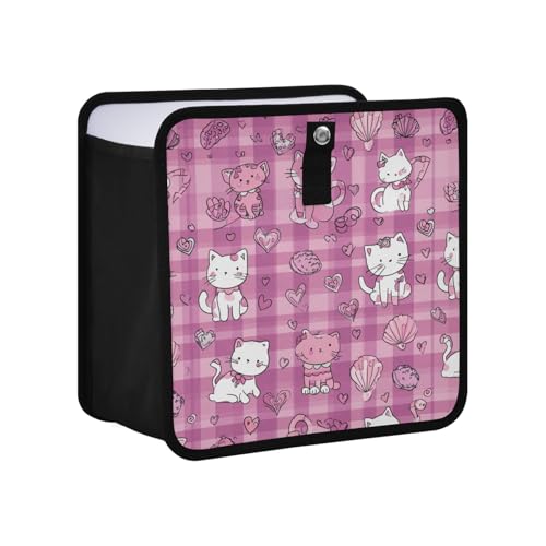 Image of Car Trash Can Organizer Bin with Adjustable Strap for Back Front Seat Console Waterproof Leakproof Collapsible Portable 11 Inch Checkered Pink Kittens Hearts Shells