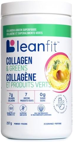 LEANFIT COLLAGEN & GREENS, Tropical Mango - 7g Grass-Fed Bovine Collagen (Type I, III) + 2 Seaweeds + 5 Leafy Greens Per Serving - 25 Servings, 257g Tub