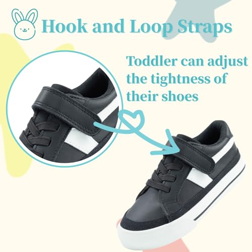 waddle wonder Toddler Shoes for Boys & Girls Hook and Loop Casual Lightweight Non-Slip Classic Leather Black Outdoor Tennis Walking Sneakers3