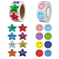 500Pcs Smiley Face Stickers and 500Pcs Star Stickers for Children, Cute Cartoon Smiley Faces, Sticker Rolls Decorations and Incentives for Kids Ideal for Teachers, Classroom Use