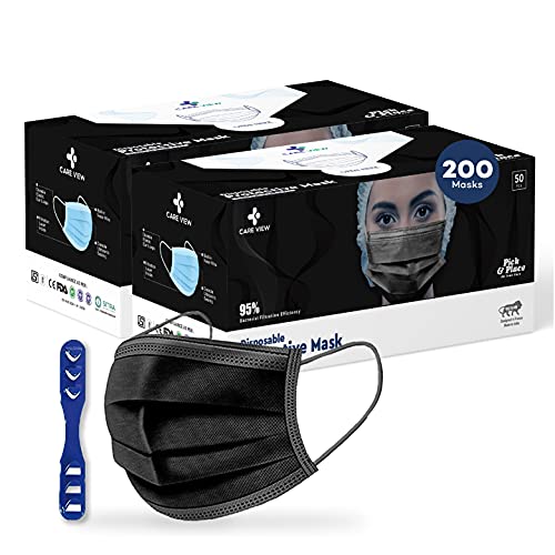 Image of 3 Ply Disposable Cotton Face Masks (Pack of 200, Black) for Unisex with Nose Pin BIS, (ISI) Certified Mask with Melt Blown Layer