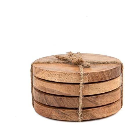 Samhita Acacia Wood Round Coasters Protection Tabletop ,Countertop and Surfaces from Water Marks or Damage | Home & Office Decor | Housewarming Gift (Set of 4) (10.16cm x 10.16cm x 1.27cm) Cover