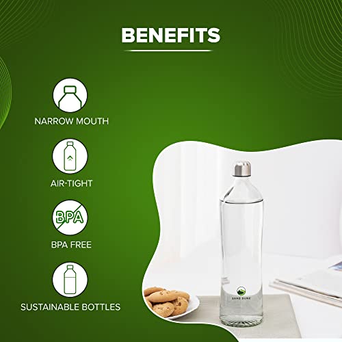 Image of SAND DUNE Set of 4, 500 ml Each MCA Glass water bottle, with Leak-Proof Airtight Stainless-Steel Lid for Water, Smoothie, Juices - Reusable Travel Glass Drinking Fridge Bottles