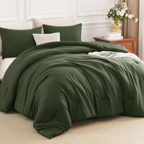 Image of HIMEET Full Size Comforter Sets, 3 Pieces with 2 Pillowcases, Olive Green | 270GSM Down Alternative Fill, Oeko-TEX Certified, 8 Corner Ties Quilted, All Season, Fluffy Bed Set, Bedroom Decor Bedding