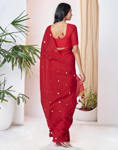 Image of SIRIL Women's Cotton Linen Sequence Saree With Unstitched Blouse Piece