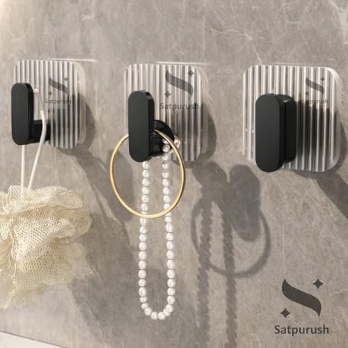 Image of Satpurush Luxury Acrylic Self Adhesive Wall Hooks | Heavy Duty Bathroom & Kitchen Hook | No Drill Waterproof Wall Hanger for Towels, Robes, Keys & Accessories (Black, Pack of8)