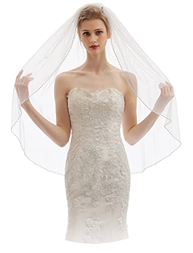 Elawbty Womens 1 Tier Fingertip Length Short Crystal Beaded Wedding Bridal Veil With Comb X09, Ivory & Style 3, 1 T(38 inch/95cm)