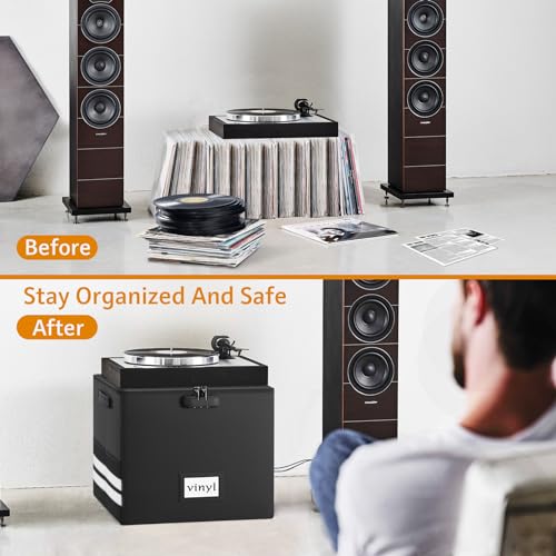 onvvippiv Vinyl Record Storage Box with Lock, Fireproof Waterproof Resistant Record Organizer for 100+ 12 inch Records Collapsible Storage Box with Handles for Album Collection Black