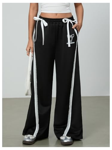 Verdusa Women's Bow Lace Y2k Sweatpants Straight Leg Casual Long Pants with Pockets Spring Fall Clothes3