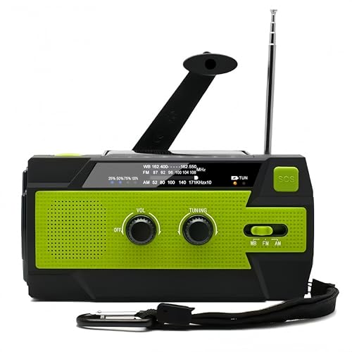 MangePagar Emergency Weather Radio, Hand Crank, 4000mAH, Portable, Solar Charging, with AM/FM/NOAA, 3 LED Flashlights, LED Induction Reading Lamp, SOS Alarm, Rechargeable Green