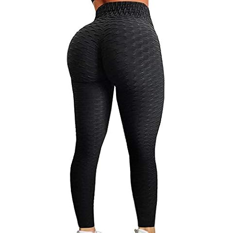 A AGROSTE Women's High Waist Yoga Pants Tummy Control Workout Ruched Butt Lifting Stretchy Leggings Textured Booty Tights A-Black Cover