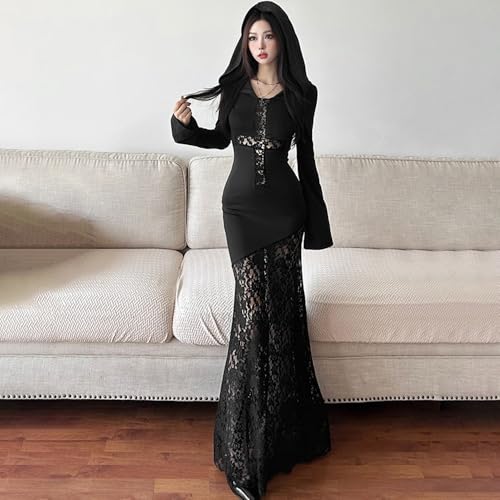 Goth Dark Women's Retro Sexy Dress Religious Style Black Cross lace Slim fit Hooded subculture Clothing4