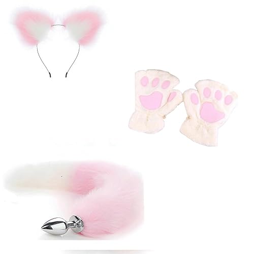 Anal Butt Plug with Tail & Paw & Ear Cosplay Kit, Sex Toys for Women, Beginner Training (Pink Full Kit)