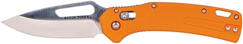 Klein Tools OFK000ORT KTO - Cuchillo de bolsillo para pesca de resurgimiento, acero inoxidable AUS-8, hoja de punto de caída, mango naranja,