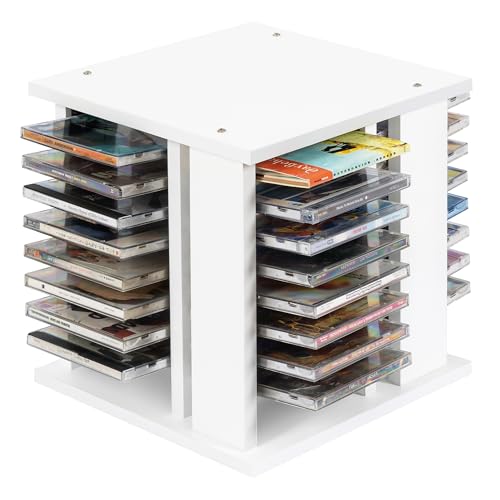 WelFurGeer Solid Wood CD Storage Rack, 360° Rotating CD Case Holder - Hold up to 68 CD Cases, DVD Case Storage Shelf, CD/DVD Organizer Shelf for Home, Office, Theatre (White)