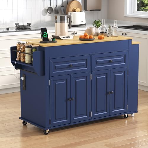 80\"-48\" Extendable Kitchen Island with Extended Dining Table and Power Outlet,Large Mobile Kitchen Storage Islands with 2 Storage Drawers,Rolling Islands Cart with 3 Extra Rows Open Shelves(Blue)