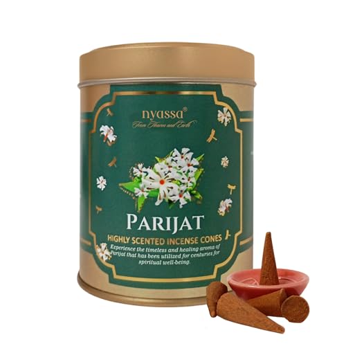 Image of Nyassa Parijat Highly Scented Incense Cone | Parijat Fragrance | Pure Long-Lasting Dhoop Cones for Pooja, Meditation, Home Fragrance | 40 Dhoop Cones in Tin Box (100g)