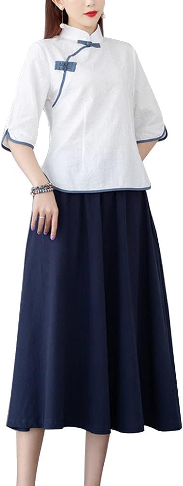 Women's Tang Dress Outfit Mandarin Collar Qipao Top Tea Length Skirt 19th Century Chinese Traditional School Girl Costume