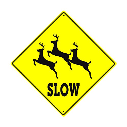 Deers Crossing Xing Slow with Graphic Caution Wildlife Animal Hunter Novelty Road Wall Décor Diamond Metal Aluminum 12 x12  Sign