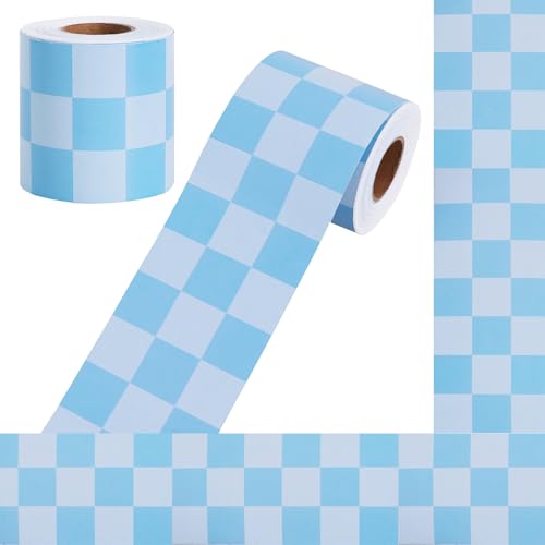 Vuzvuv 66 Ft 3In Blue Checkered Flag Bulletin Board Border, 1 Roll of Straight Trim Border Back to School Decoration Stripe for School Classroom, Office & Home Decor