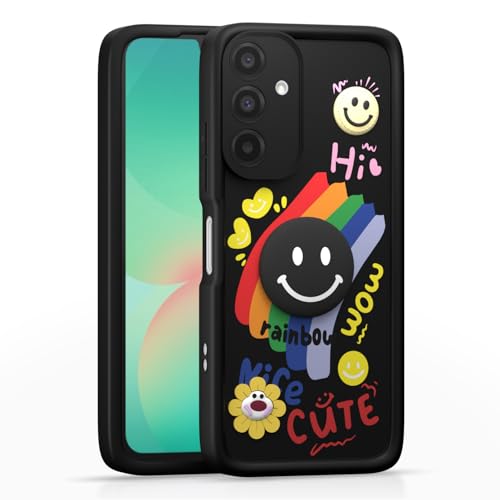 Image of Pikkme Back Cover for Samsung Galaxy A26 5G | Soft Silicone| Cute Rainbow Smile & 3D Cartoon Flower Design | Shockproof Raised Camera Protection Bumper Case (Black)