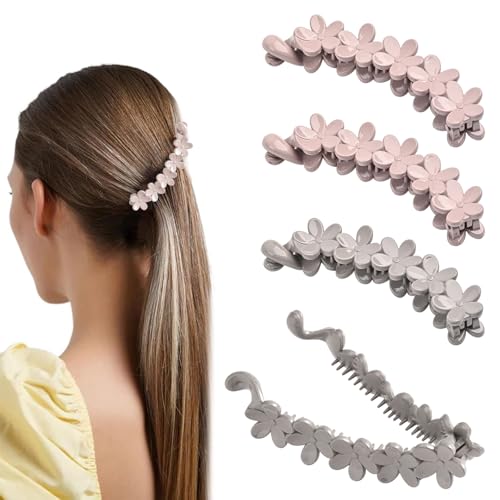 4 Stück Banana Clip Blumen Form Rutschfester Bananenspange Haare Pferdeschwanz Haarklammer Groß Haarspangen Damen für alle Arten von Dünnes und Dickes Haar modischen Frisure (Rosa + Beige)
