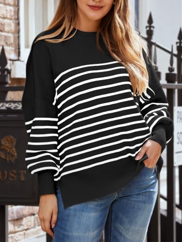Image of LILLUSORY Women's Oversized Batwing Sweaters 2026 Fall Outfits Trendy Crewneck Knit Side Slit Fashion Pullover Tops