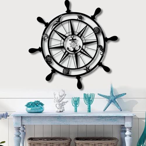 cideny Metal Wall Art Anchor Compass Sign, Nautical Wall Decor, Beach Anchor Wall Sculpture for Living Room, Café, Hallway, Bar, Restaurant, Coastal Home – Black 28.7"x28.7" - Image 5