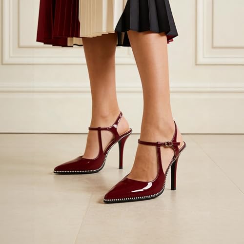 Image of SAMMITOP Womens High Heels Ankle Strap Pointed Toe Stilettos Patent Leather Beaded Pumps Dress Shoes 3.5 Inch