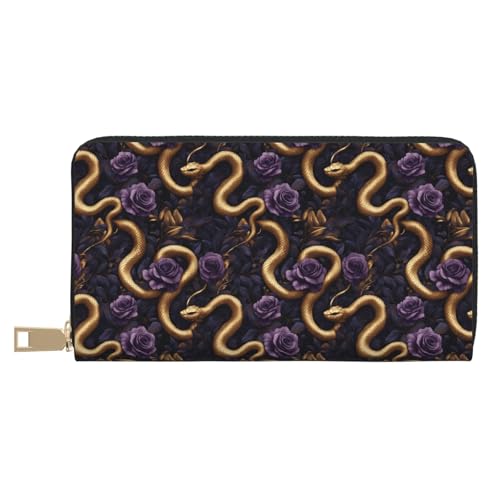 Leather Thin Slim Wallets for Women Men - Fashion Purple Rose Gold Snake Print Card Wallet Holder with Zipper