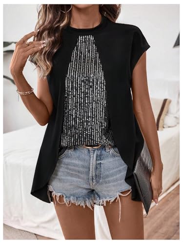 SweatyRocks Women's Sparkly Sequin Blouse Crew Neck Short Sleeve Asymmetrical Party Tops4