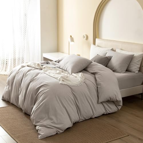 JIYUAN 100% Washed Cotton Duvet Cover Set 3 PCS Oversized King Plus, 1 Duvet Cover 128"x120"(Comforter Not Included) and 2 Pillowcases,Linen Feel Bedding Set Comfy and Breathable,Heathered Cream Grey