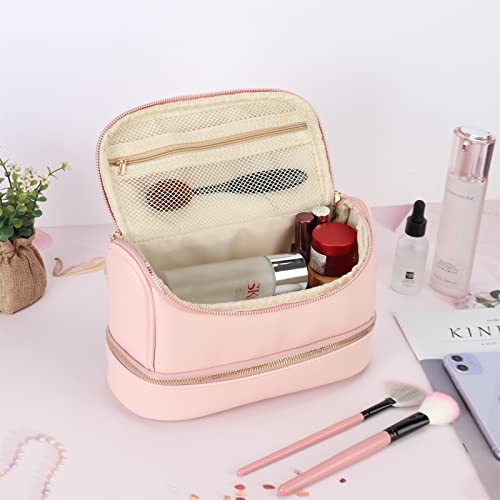 Umumpingg Travel Makeup Bag Faux Leather Double Make Up Bag For Women,Waterproof Portable Travel Cosmetic Bag, Lipstick Mask Makeup Brush Lotion Storage Bag For Girl Friend Gift (Pink) #TOP5