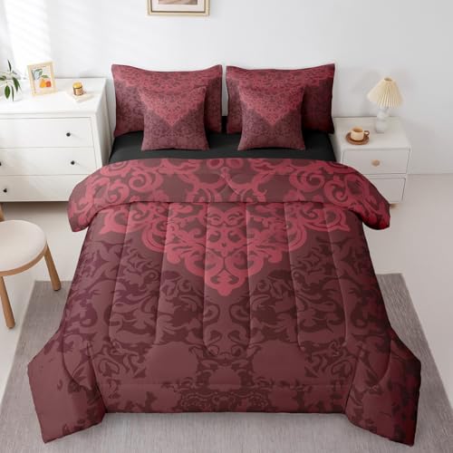 Erosebridal Parure de lit Damask vintage King 7 pièces, literie gothique baroque rouge vin