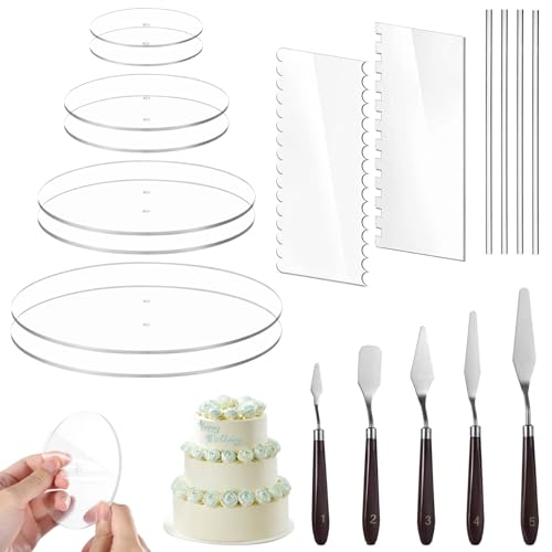 Cake Decorating Kit, Icing Set, Includes Round Clear Acrylic Discs Eight, Two Scrapers, Center Dowels Four, And Five Spatulas, Layer Ideal Baking, 4.25/6.25/8.25/10.25
