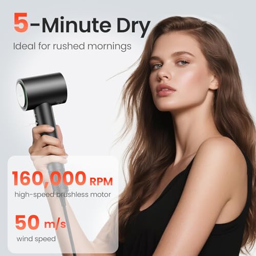 Image of Hair Dryer, 160,000 RPM High-Speed Ionic Blow Dryer for Fast Drying, Professional Lightweight Hairdryer with Diffuser, Magnetic Nozzle, 4 Temps & 2 Speeds, Low Noise for Travel - Black