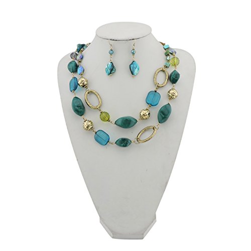 Bocar 2 Strand Statement Choker Shell Necklace and Earring Set for Women Gift (NK-10370-teal) - Thumbnail 2