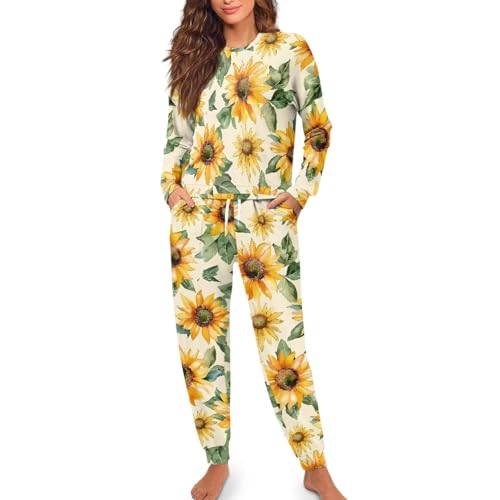 Image of Womens Lounge Set Long Sleeve Soft Pajama Sets | Casual 2 Piece Pj Outfit, Crewneck Sleepwear with Pockets, Adjustable Drawstring, Soft Comfy Fall Pajamas, Plus Size