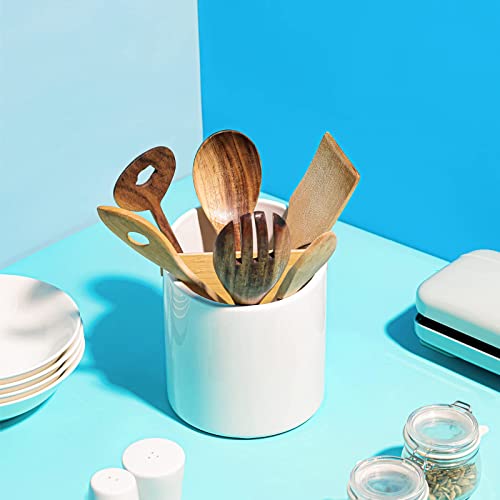 Lifver Kitchen Utensil Holder, 7.2″ Large Stable Ceramic Utensil Organizer With Removable Divider For Easy Cleaning, White Utensil Holder For Farmhouse Kitchen Décor With Table-Protection Cork Mat #TOP4