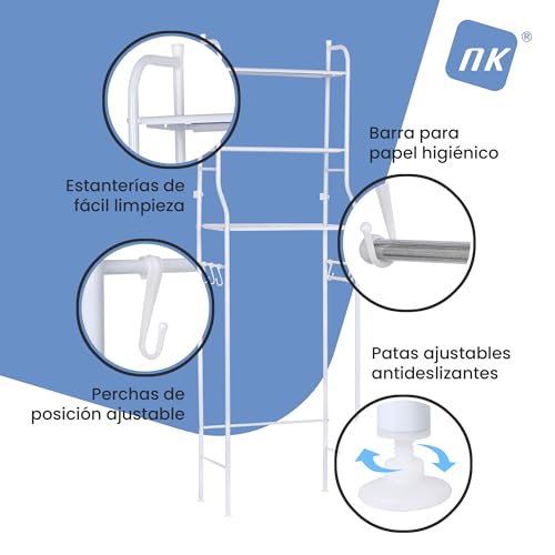 Miniatura 3 de Nk Estantería De Baño Sobre Inodoro 153x47x26 Cm, 3 Baldas Superiores, 3 Ganchos, Portarrollos, Patas Antideslizantes, Estructura De Hierro Y Pp, Color Blanco, Montaje Fácil